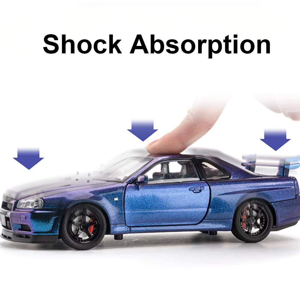 1:24 GTR SKYLINE R34 Automodell Spielzeug Licht Ton Rückzieher Türen zu öffnen Miniatur Straßenbahnmodelle Sammlung Geschenke für Kinder