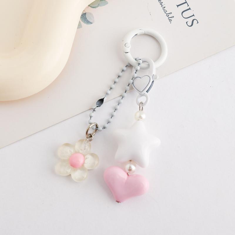 Starfish Beaded Keychain Imitation Pearl Acrylic Pentagram Keyring Girls Earphone Case Phone Decor Ornaments