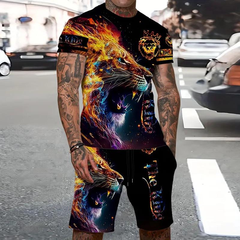 Fashion Men's Sportswear Suit Printed Tiger Pattern Oversized Men's Top Y2K Style Breathable Fresh Short Sleeve Shorts Suit