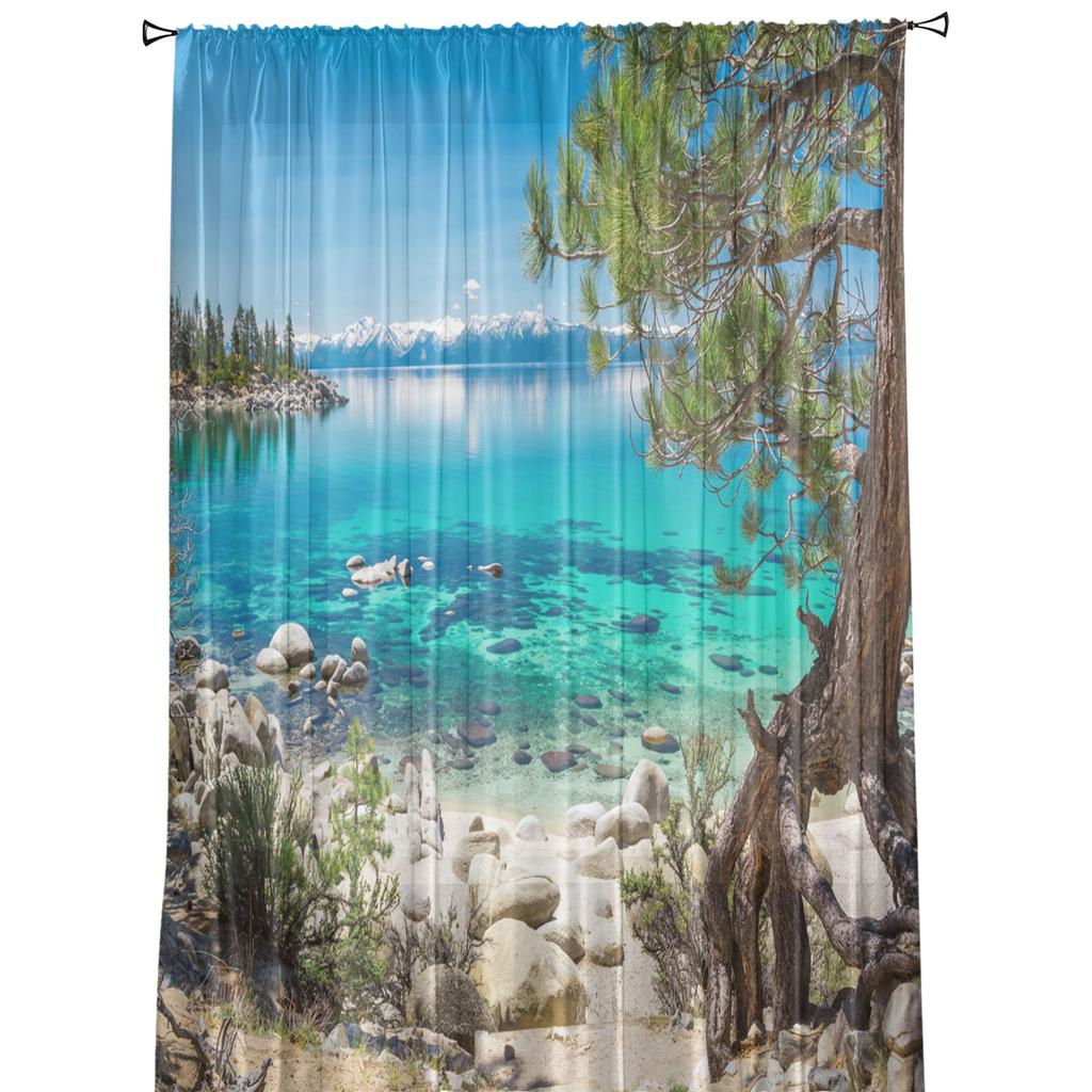 Beach Sea Water Trees Landscape Tulle Curtains For Living Room Decoration Modern Chiffon Sheer Voile Kitchen Curtain