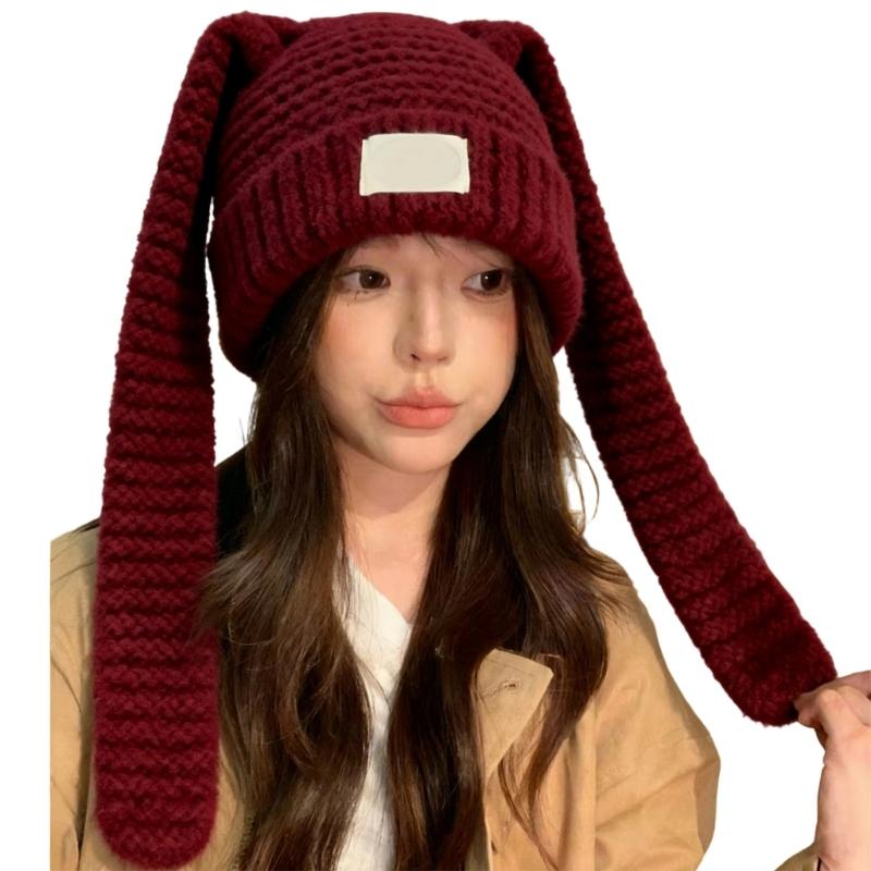 

Oversized Knit Hat with Ear Lovely Colorful Skiing Hat Rabbit Ears Cartoon Photo Props Outdoor Head Wrap for Halloween бордовый