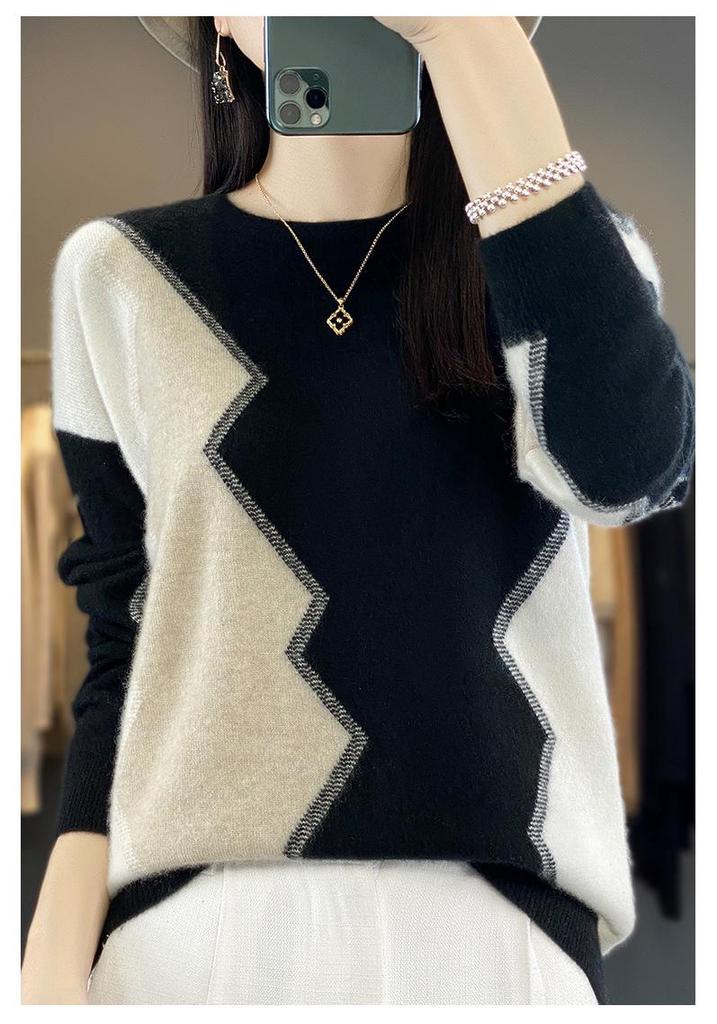 Women's Intarsia Color Block Pure Wool Sweater - Long Sleeve Half-High Neck Pullover