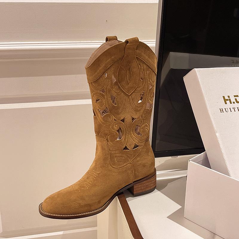 Soft Leather Hollow Western Cowboy Boots Women's Summer New Short Boots Brown Long Knight Boots High Martin Boots
