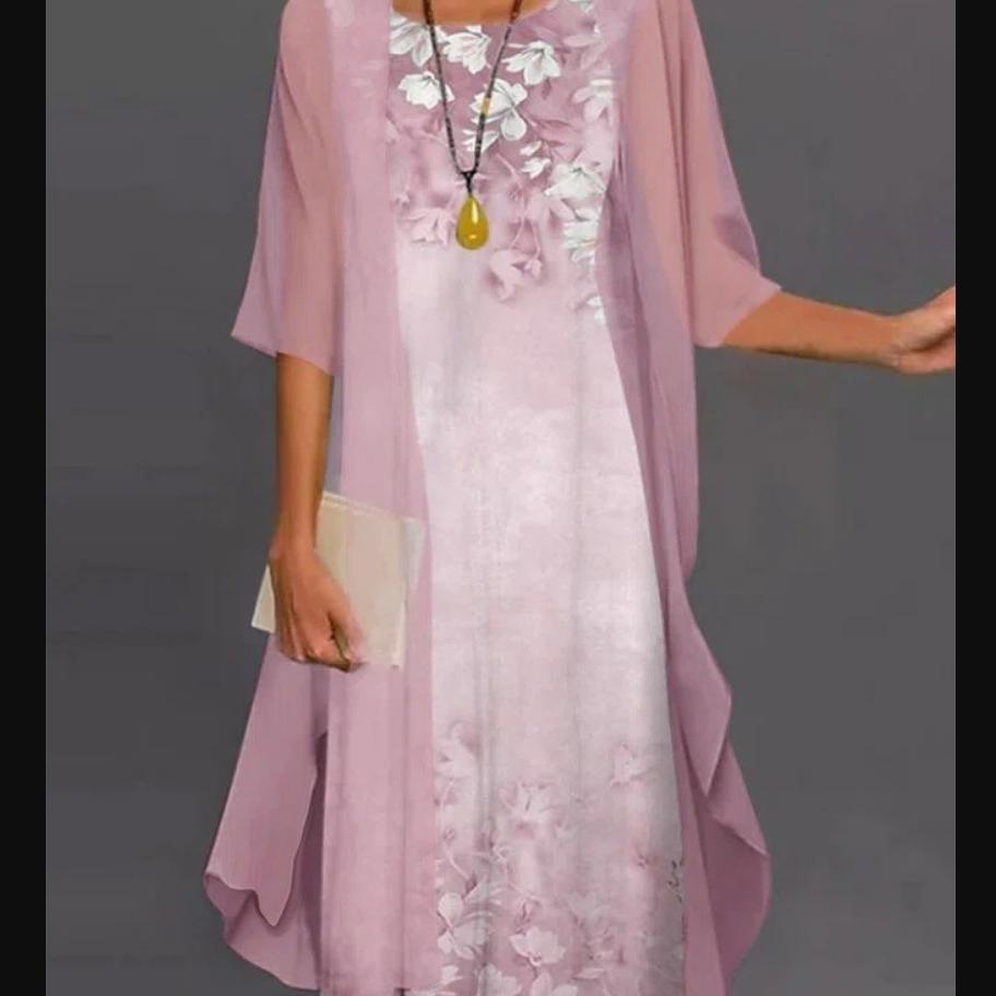 Women's Casual Floral Print Round Neck Slim Pocket Dress Long Skirt