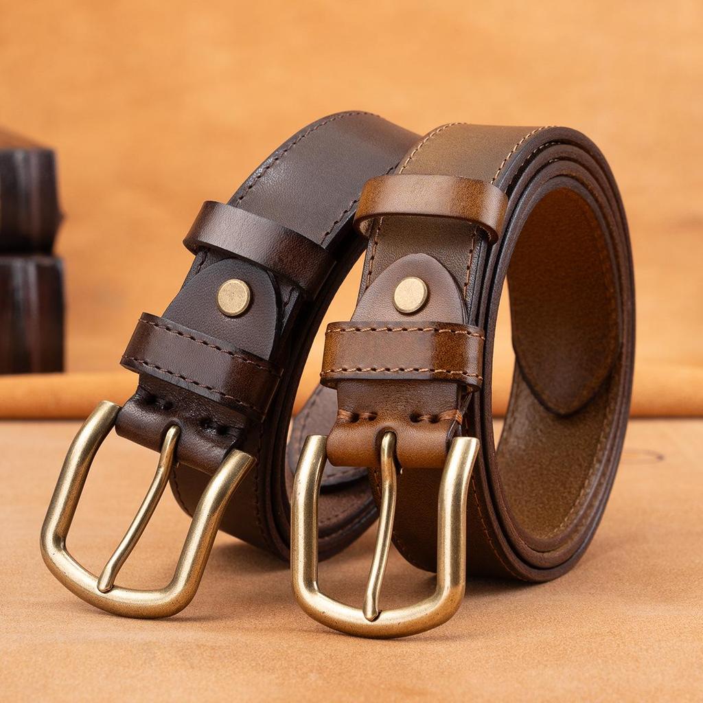 Men's Genuine Leather Retro Belt - Top Layer Cowhide, Vegetable-Tanned, Pin Buckle, Versatile for Middle-aged and Young.