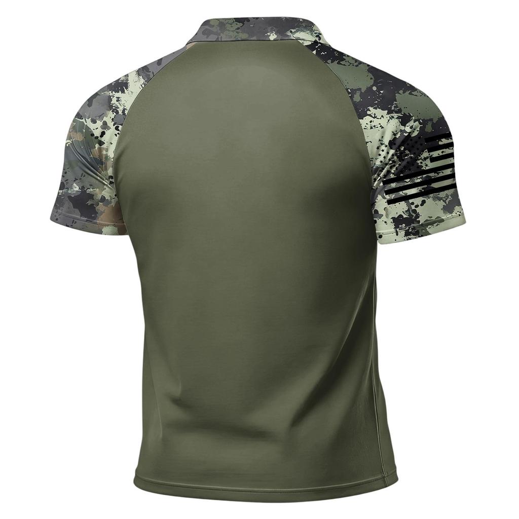 Men Short Sleeve Polo Shirt Button Down Printed Patchwork Design Classic Fit Lightweight Breathable Top