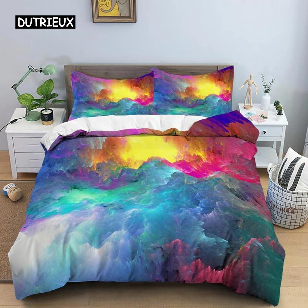 Colorful Cloud Soft Duvet Cover Polyester Orange Yelow Purple Cloud Sky Comfortable Quilt Cover for Tens Young Girls Abstract Theme Soft Beding Set