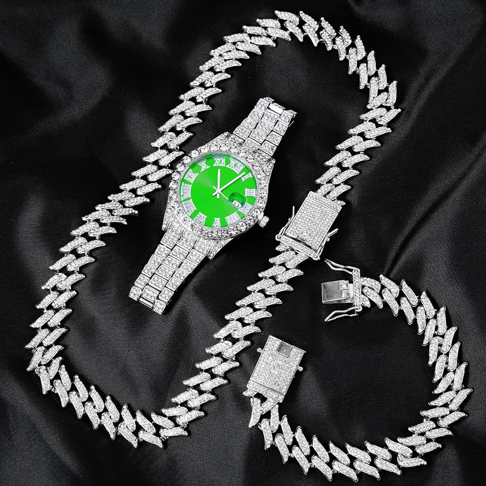 

Хип-хоп 3 шт. Кубинская цепочка Часы для мужчин Майами Бордюр Iced Out Паве Стразы Рэпер Кубинское ожерелье Костюм Часы Браслет Ювелирные изделия 8inch and 18inch