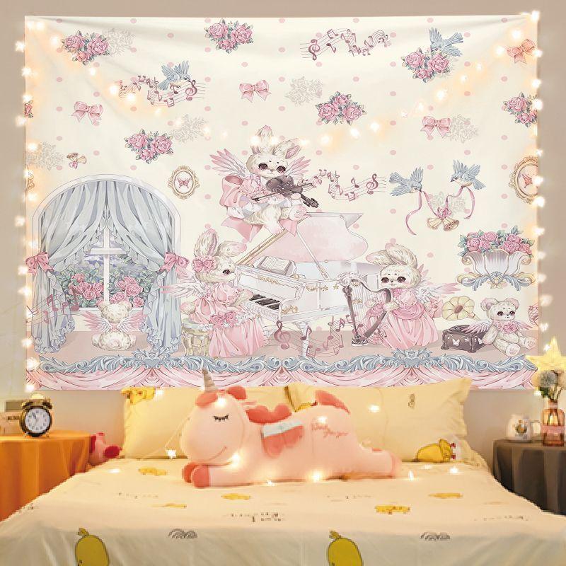 Pink Wave Dot Lace Princess Tapestry Wall Art Hanging for Bedroom Living Room Decor Bow Bear Rabbit Dress Cartoon Warm