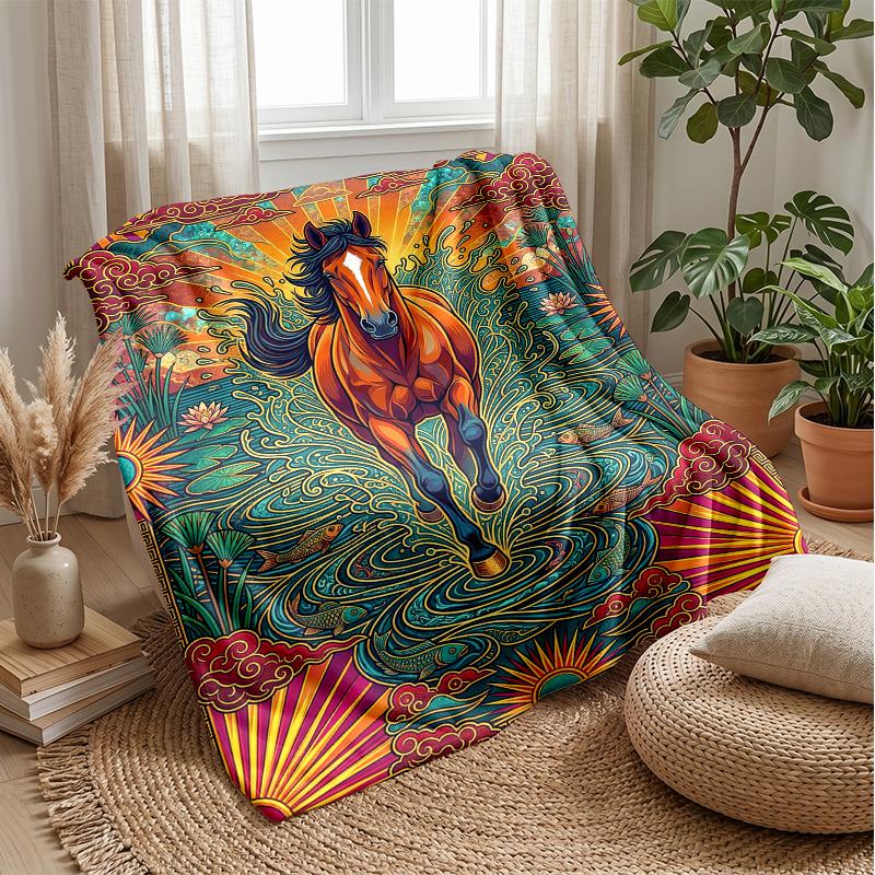 Elegant Horse In Water Theme Blanket Lightweight Warm Flannel Blanket Decorative Throw Blanket for Home Decoration