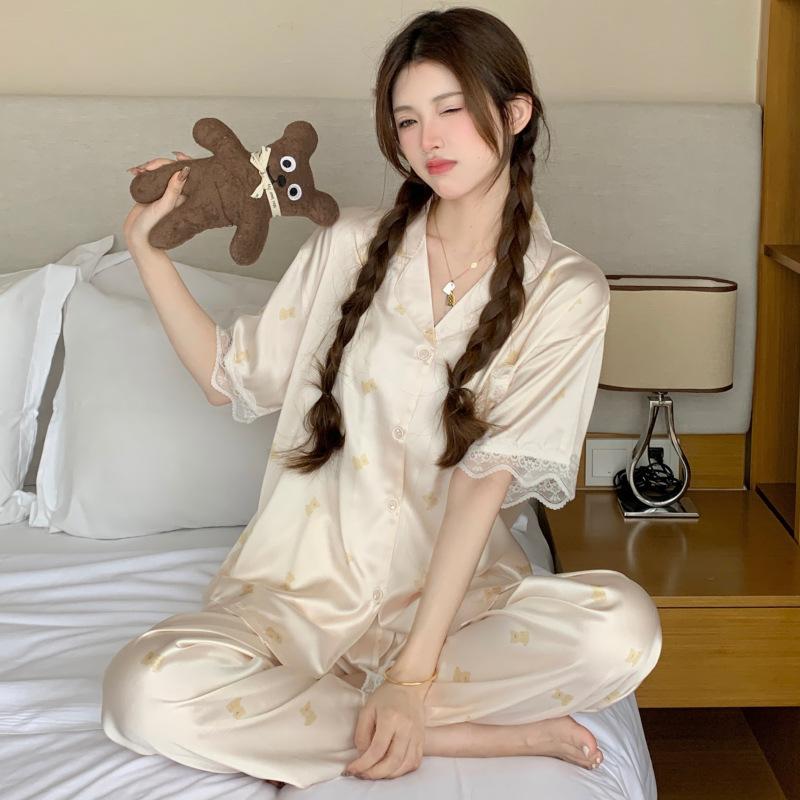 Ice Silk Pajamas Female Cute Wind Bear Summer High-End Cartoon Short-Sleeved Trousers Loungewear