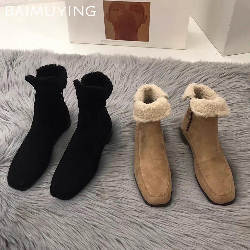Suede Fur Women Flats Snow Ankle Boots Square Toe Short Plush Winter Cotton Shoes 2025 Trend Walking Warm Cozy Botas De Mujer