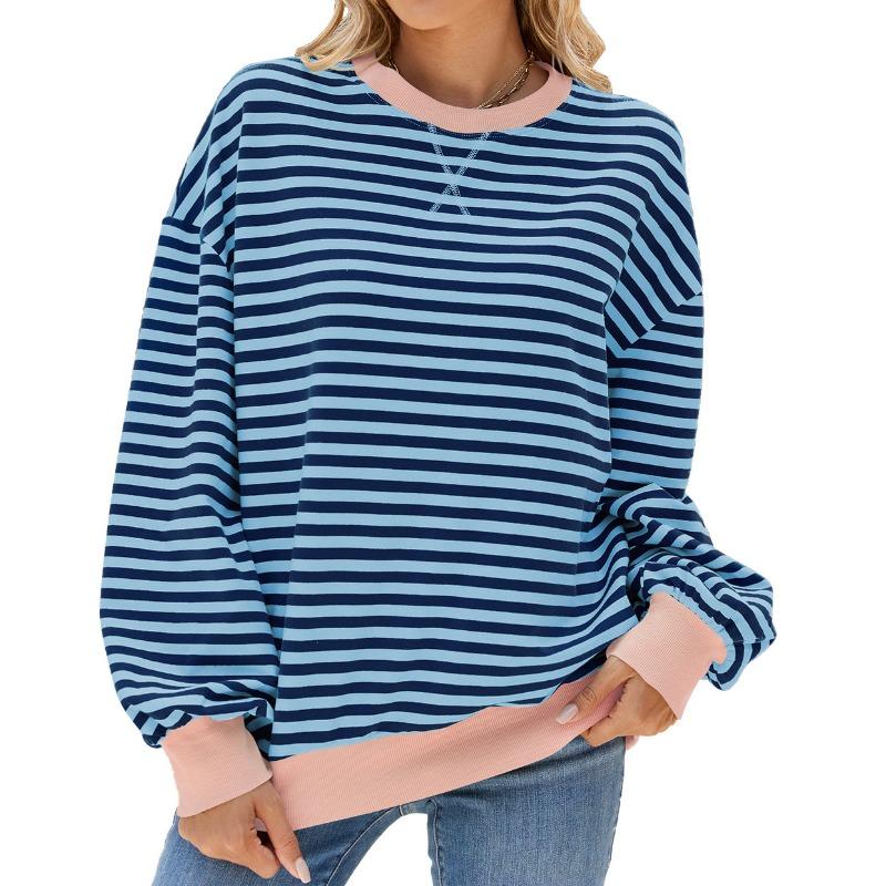 

Women s Striped Round Neck Contrast Color Loose Casual Long-sleeved Sweatshirt S