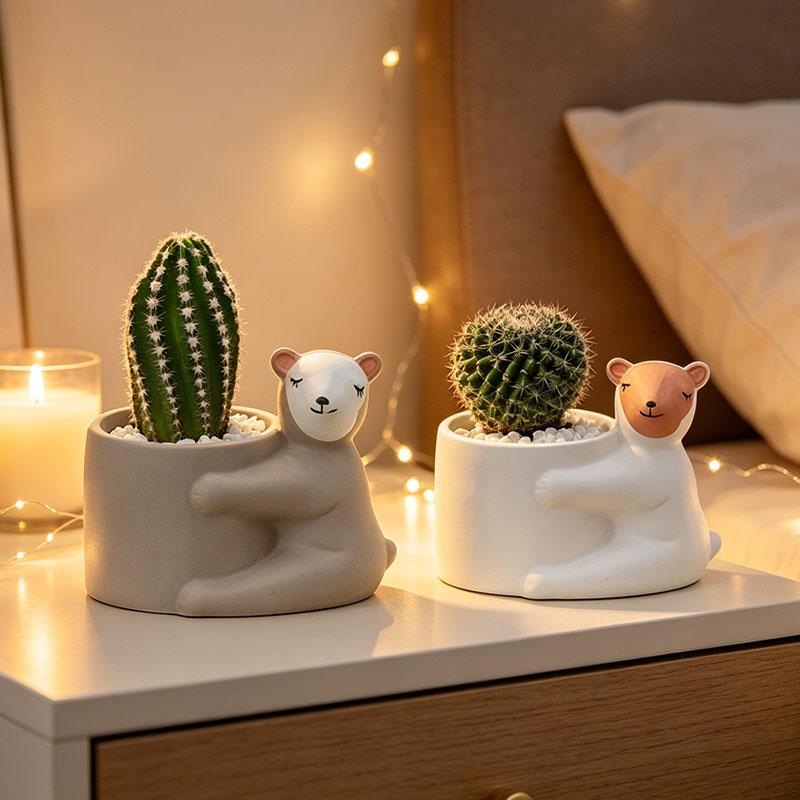Cartoon Ceramic Planter Pot, Small Succulent Cactus Flowerpot, Cute Green Plant Desktop Decoration for Home