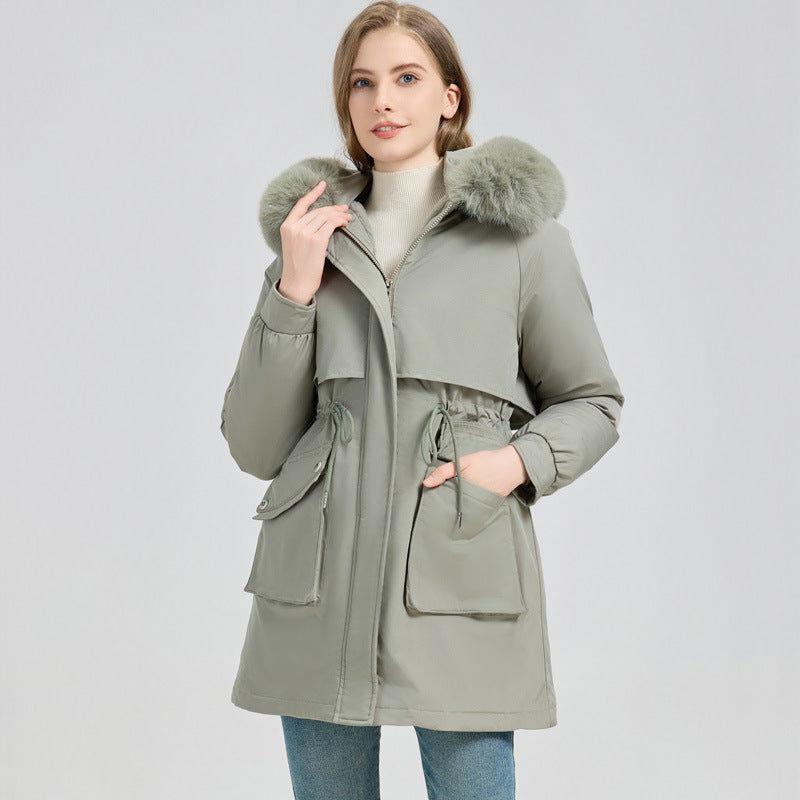 

Women s Mid Length Hooded Parka Coat Fur-Lined Coated Warm Cotton Coat Winter XXXL зелений