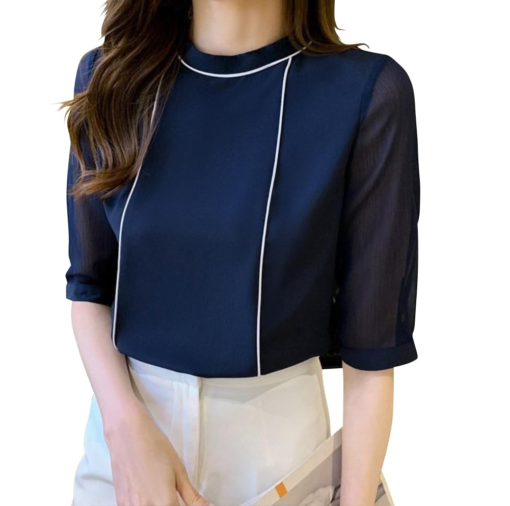 Fairy Stone Short Sleeve Sheer Crew Neck Size Women's Blouse/Shirt, B-70 (Navy)