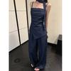 Costume en jean rétro français pour femme, nouveau pour l'été, bleu, salopette bustier, pantalon large taille haute, ensemble deux pièces