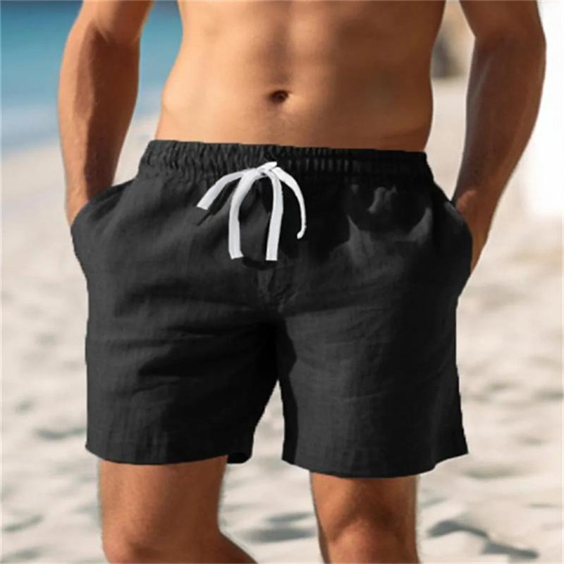 Men Solid Linen Blend Beach Short Elastic Waist Drawstring Casual Shorts