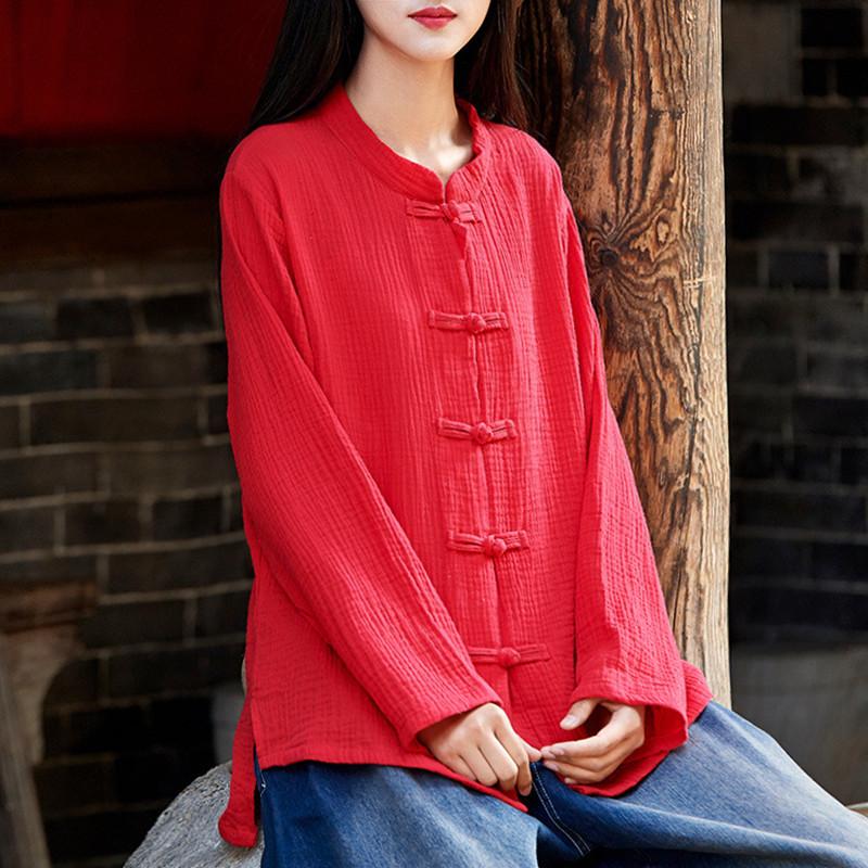 Spring Solid Color Stand Collar Full Sleeve Tops Women Vintage Single-breasted Cardigan Cotton Linen Shirts