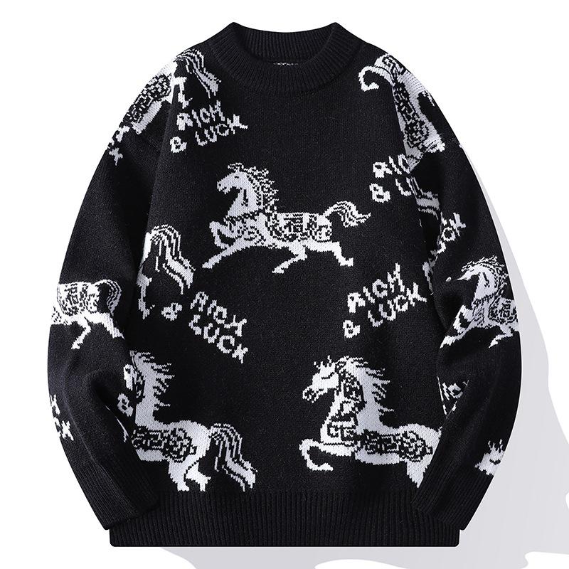 Unisex Festive Red Year of the Horse Round Neck Sweater - Chinese Zodiac Base Layer Knitwear
