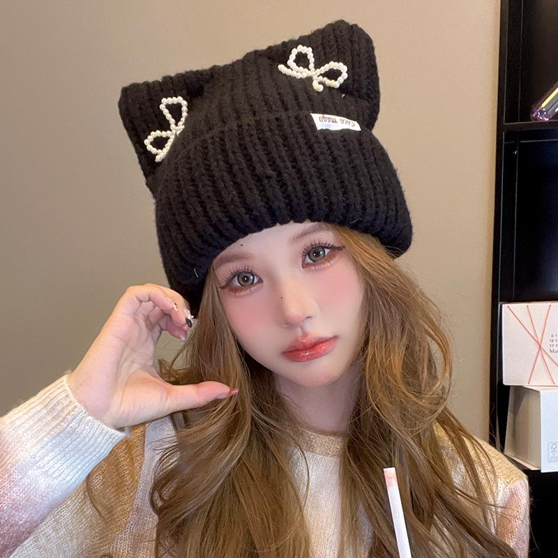 Hat Women's Autumn and Winter Cat Ear Wool Hat Sweet and Cute Bow Warm Knit Hat Ear Protection Cold Pullover Hat