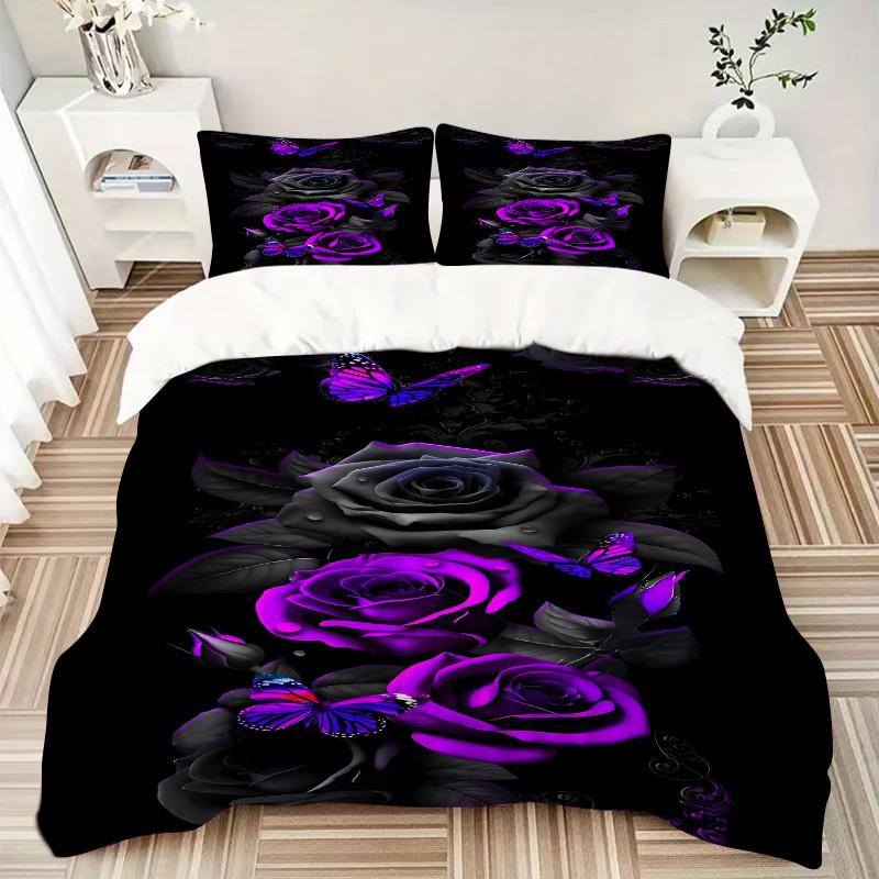 3-teiliges Bettwäscheset mit lila Rosenmuster, weicher und bequemer Bettbezug, Gästezimmer (1 * Bettbezug + 2 * Kissenbezug, ohne Kern) yy251104153