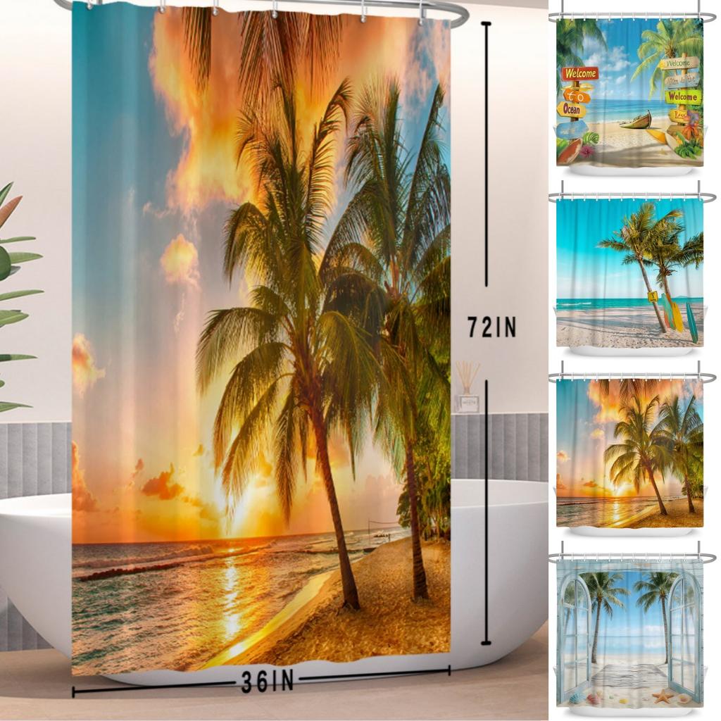 Tropical Beach Sunset Shower Curtain Palm Tree Ocean Waterproof Bath Curtain Bathroom Decor Vacation Style Polyester With Hooks