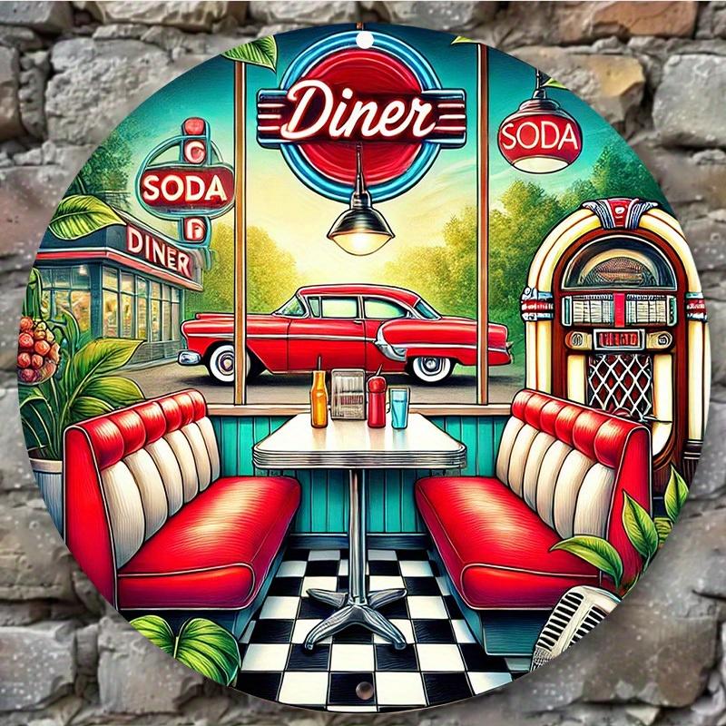 D Vintage Metal Wall Art Sign Retro American Diner Bar Decor Red Reddish Round Tin Plate Durable Iron Craft for Home Cafe Pu