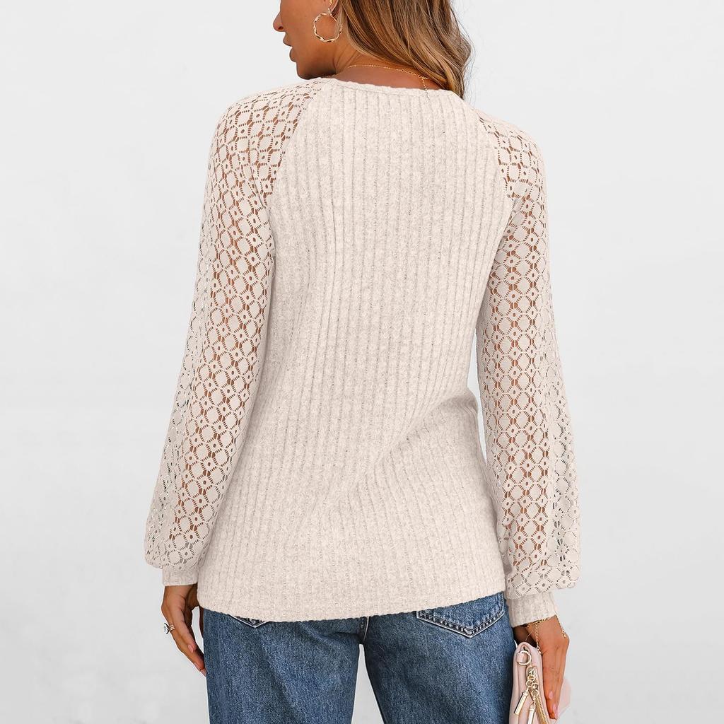 Women's Round Neck Loose Peplum Knit Patchwork Hollow Out Long Sleeve Top