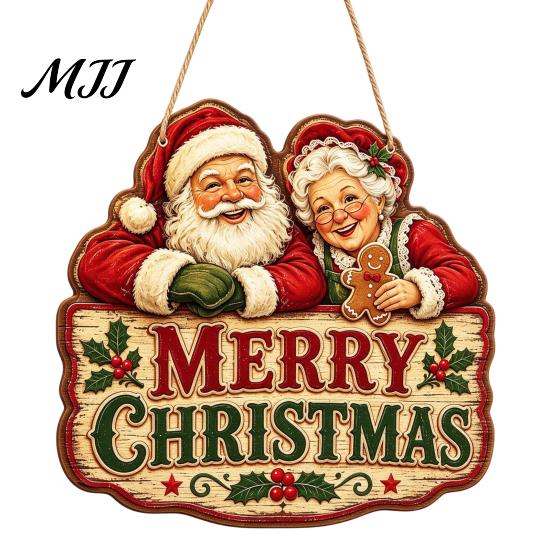 Rustic Christmas Home Accents Santa Claus Hanging Ornaments, Wooden Pendant with Hemp Xmas Party Supplies Rope, Vintage Wall Decoration for