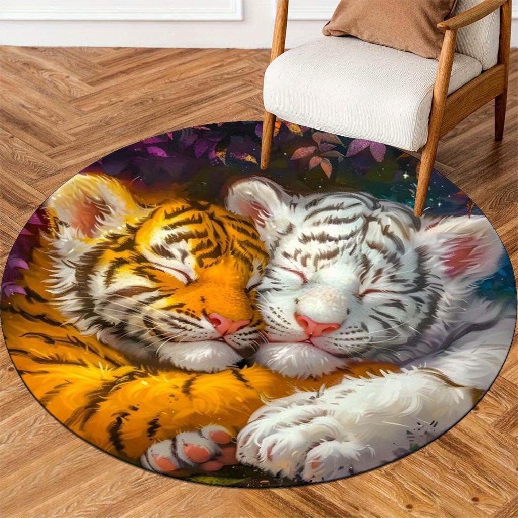1Pcs Tiger Pattern Round Area Rug Indoor Non-Slip Washable Fiber Carpet Soft Comfortable Mat For Bedroom Living Room