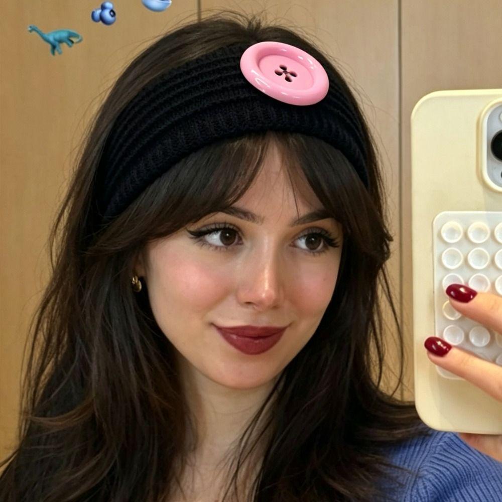 Wide Band Knit Headband Colorful Button Hair Wrap Durable Warm Hair Band Winter Daily Wear