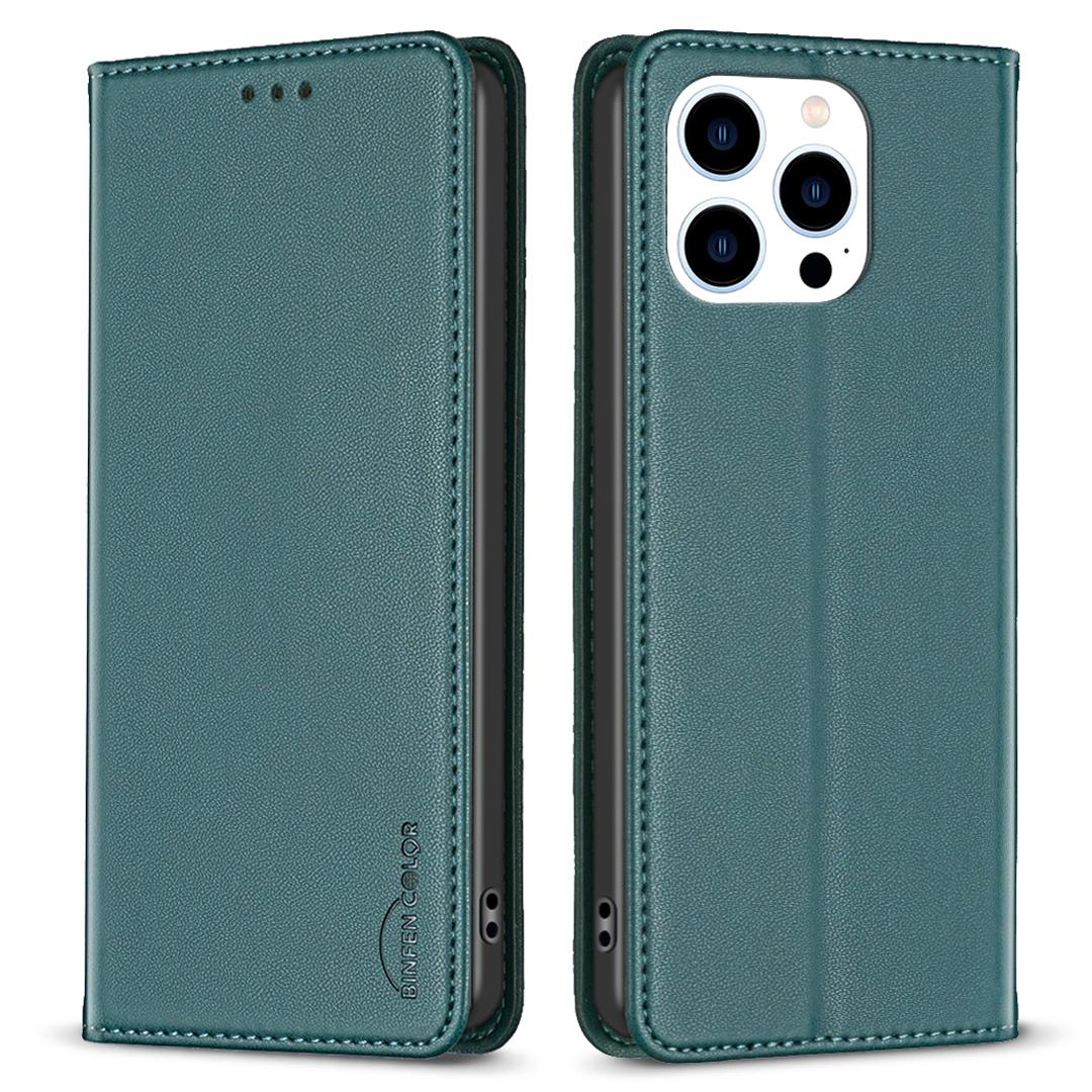 

BINFEN COLOR BF18 For iPhone 13 Pro 6.1 inch PU Leather Phone Case Card Slots Folding Stand Cover Green