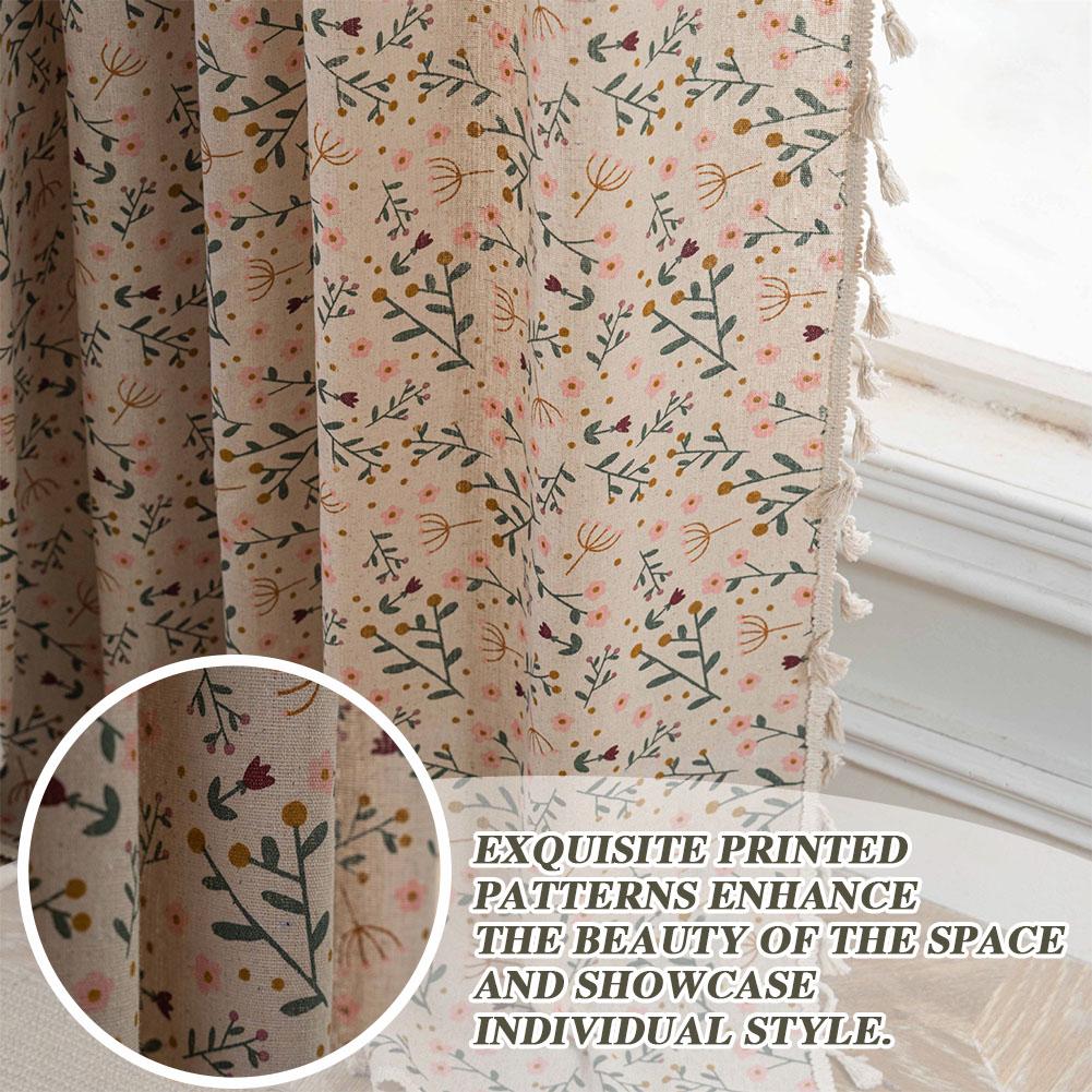 Polyester Cotton Printed Fringe Curtains Semi-Blackout Windows Curtains With Tassels Cotton Linen Curtains Panels For Bedroom