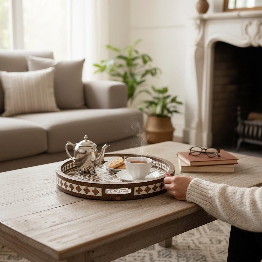 Wooden Inlay Decorative Tray  Round Floral Pattern Serving Tray | Bone Inlay Style | Boho Coffee Table Tray | Kitchen Bone Decor Tray