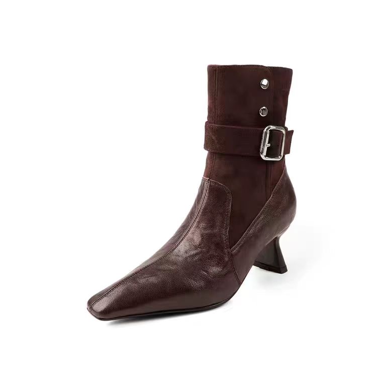 New Style Women's Wedge High Heel Short Boots Pointed Side Zipper Sexy Triangle Shaped Heel Stretch Soft Leather Ankle Boots