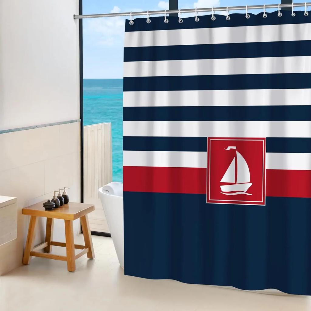 Nautical Shower Curtain Sailing Lighthouse Compasses Shower Curtain Bathroom Waterproof Polyester Fabric Decoration
