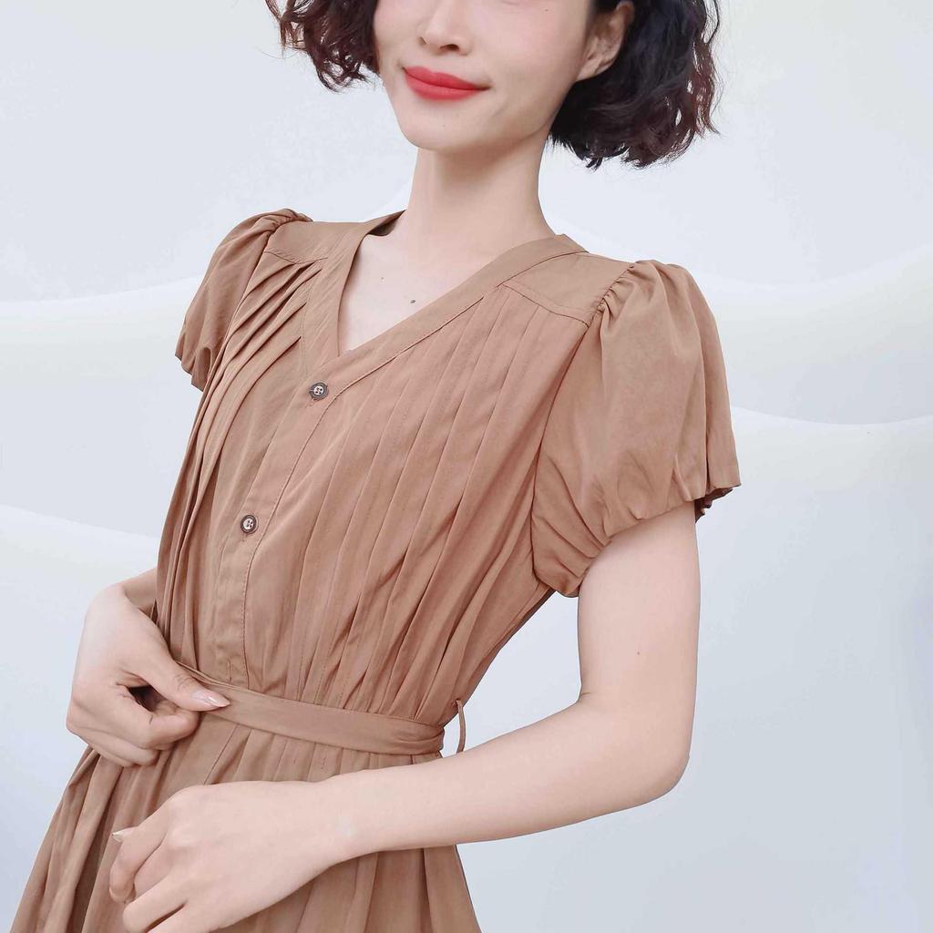 Elegant Pleated Waist-Cinched Solid Summer Dress