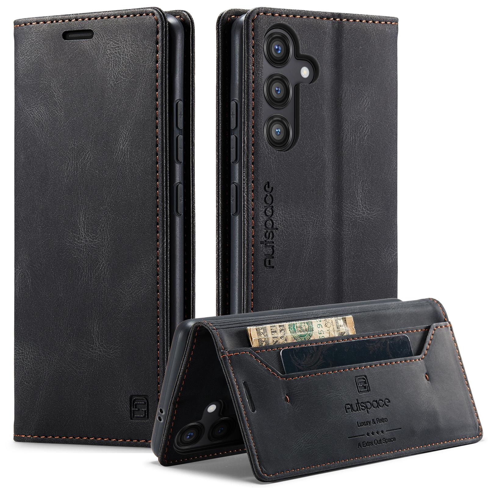 

For Samsung Galaxy S24+ Wallet Case AUTSPACE A01 Leather Stand Cover with RFID Blocking Card Holder Black