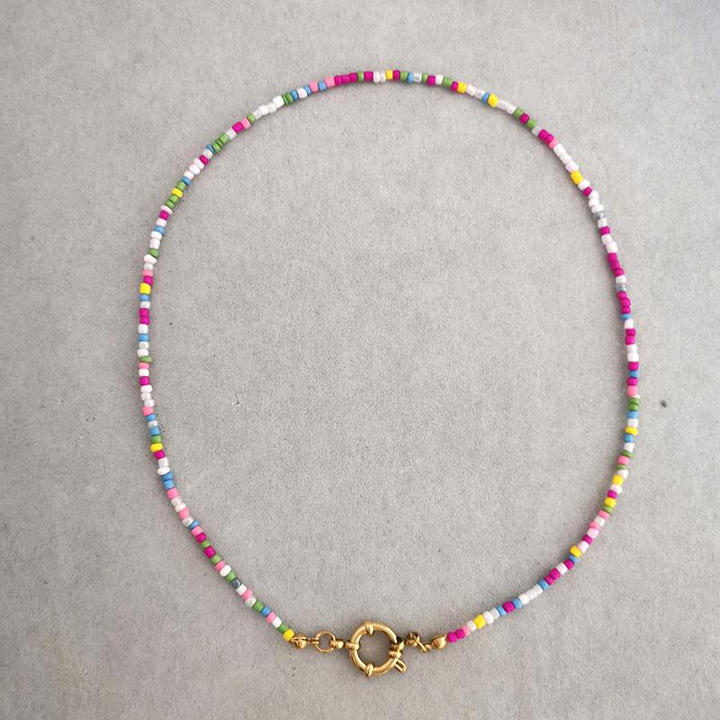 Imitation Pearl Necklace Women Choker Seed Beads Rainbow Stainless Steel Clasp Sailor Buckle Base Chain Gold Color Boho