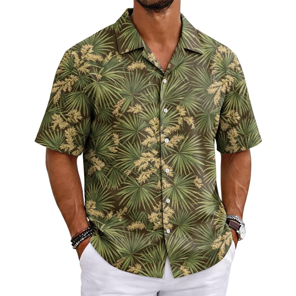 Men's Summer Short Sleeve Cuban Collar Shirt Casual Button Down Lightweight Breathable Fabric Beachwear Shirt