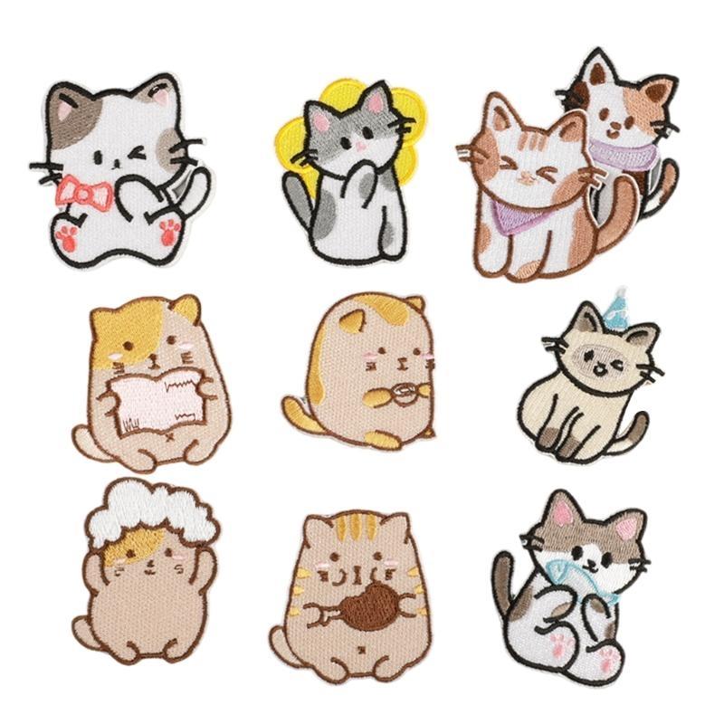 F26C 10 Pcs Embroidered Patches Animal Applique Patches Cartoon Cats Iron on Patches