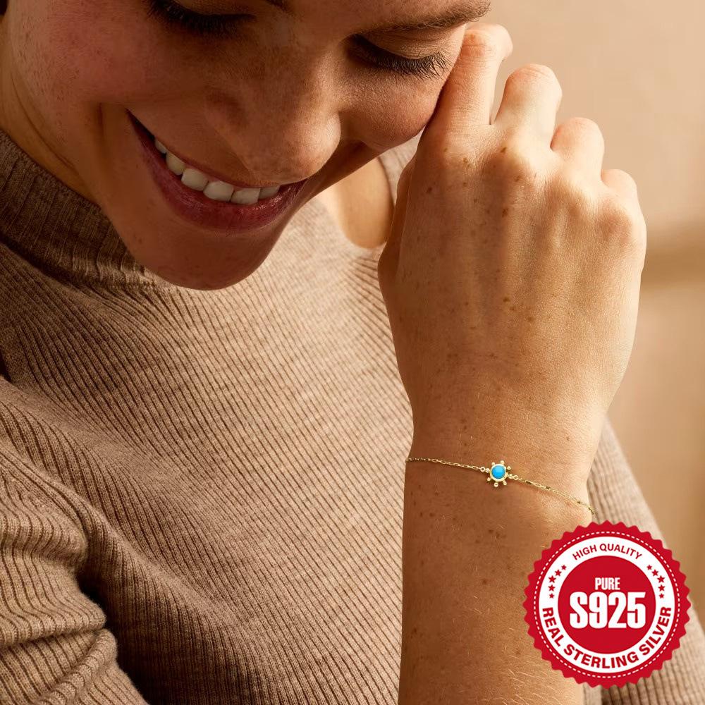 Fashion S925 Sterling Silver Personalized Simple Turquoise Flower Round Brand Diamond-Encrusted Women'S Bracelet Minority Jewelry