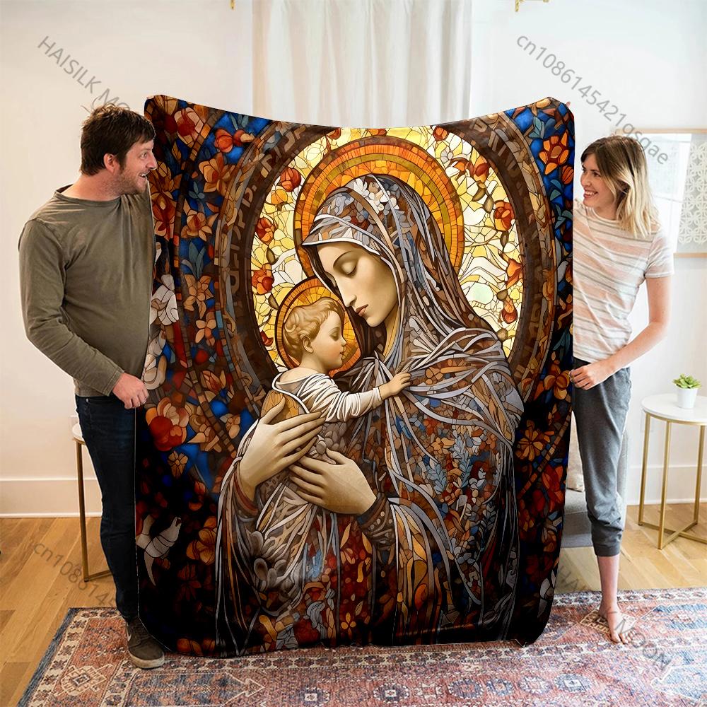 1PC Stained glass mother child Print Blanket Warm Soft Fluffy Kids and Adult Sofa Bed Throw Blanket Outdoor Travel Camping RV 75X95CM