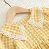Girls' Autumn Plaid Dress with Lace Collar and Long Sleeves - Yellow and White.