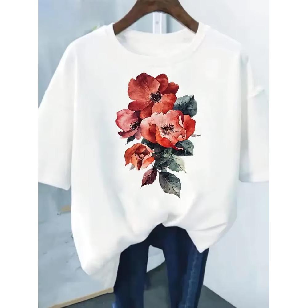 Flower Print Fashion Plant Trend Lovely print ladies T-shirt casual basics O-collar Black shirt short sleeve ladies T-shirts