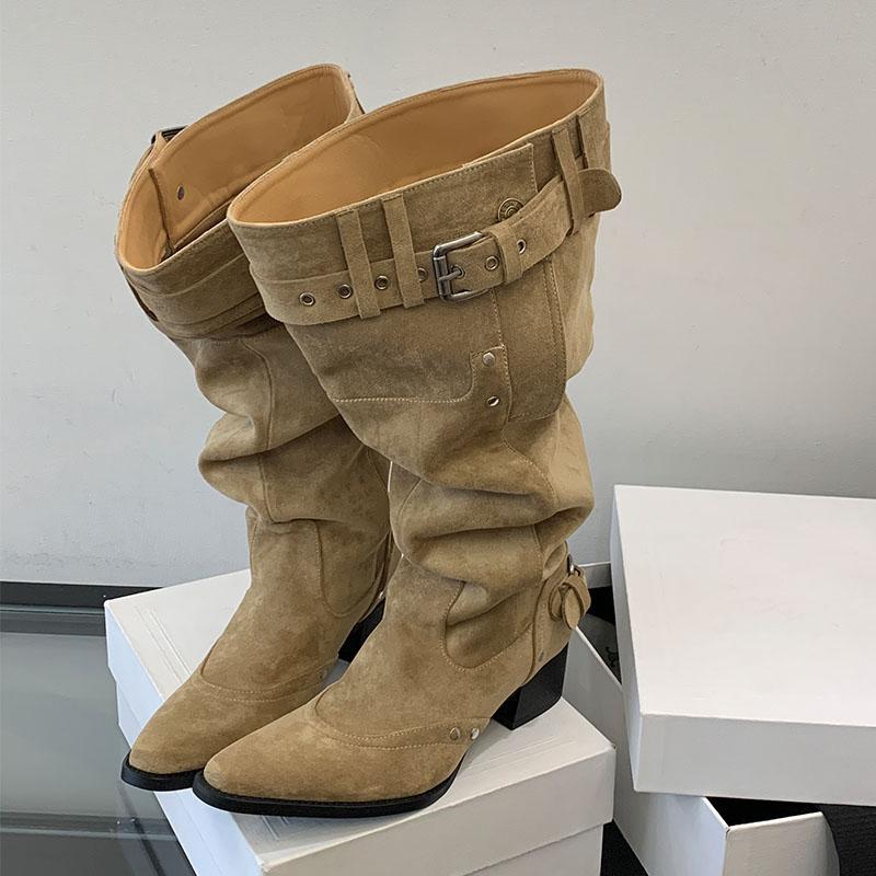 Fashion 2025 New Fashion Pointed Toe Women Knee High Boots With Heels Shoes Female Slip On Footwear Ladies Long Western Booties Shoes