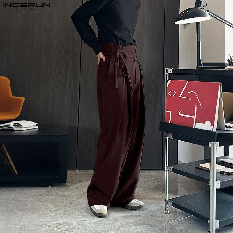 INCERUN Men Bandage Zip-up Waist Long Wide Leg Pants Casual Pockets Trousers