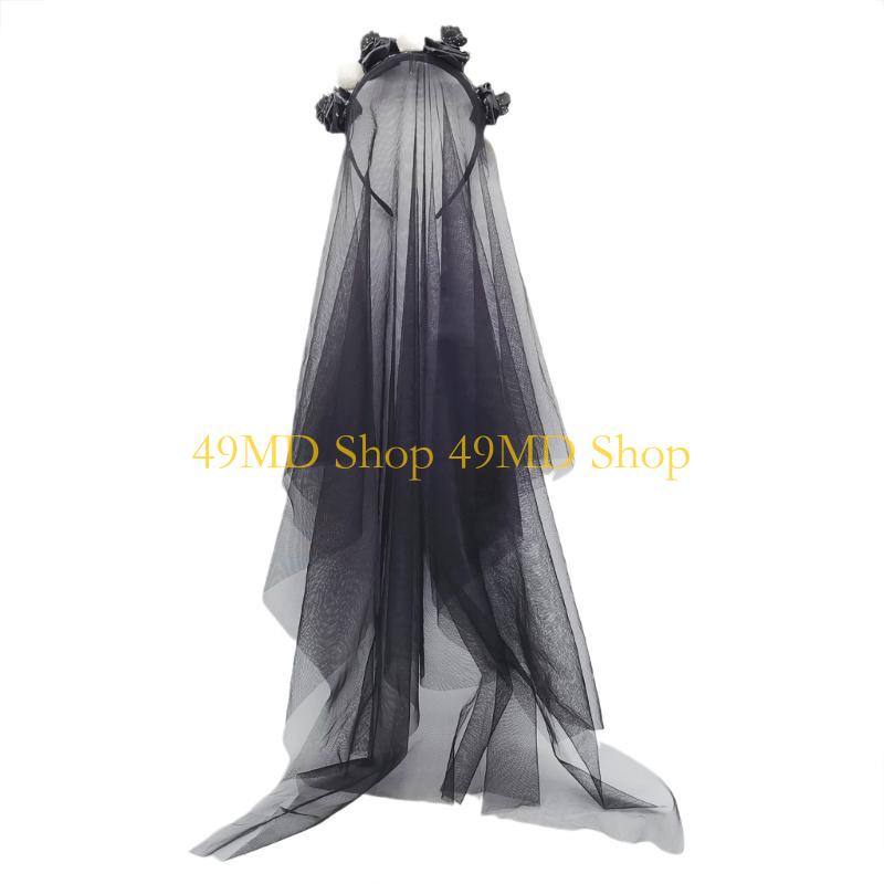 

49MD Scary Floral Skeleton Headband with Veil Cosplay Accessories Rose Headdress