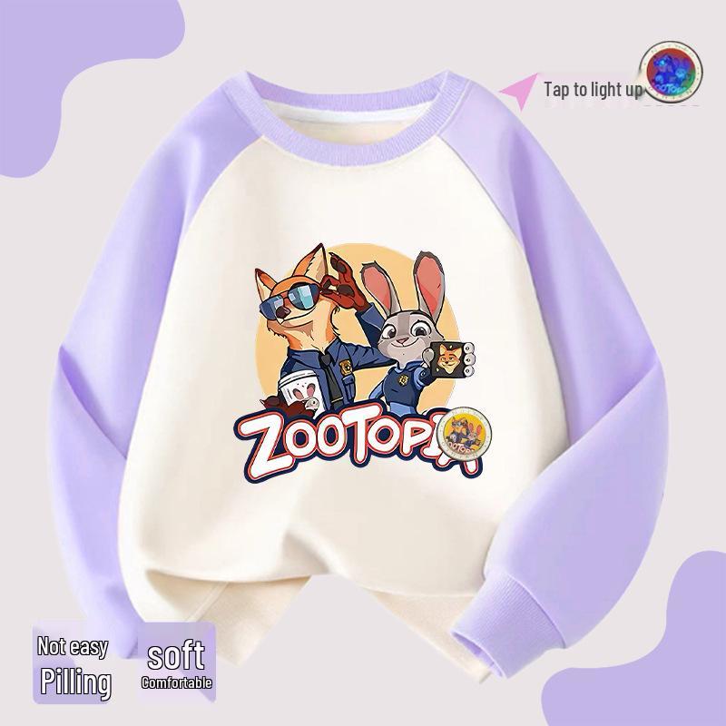 Girls' Zootopia Color Block Hoodie with Lights - Cotton, Raglan Sleeves, Striped, Thin/Plus Velvet, Autumn/Winter
